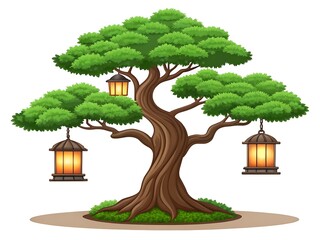 Stylized tree with hanging lanterns and lush green foliage on white background