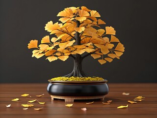 Autumn ginkgo bonsai tree with golden leaves on wooden surface