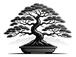 Stylized black and white illustration of a mature bonsai tree in a pot