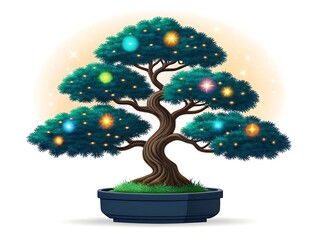 Stylized bonsai tree decorated with colorful glowing lights and sparkles