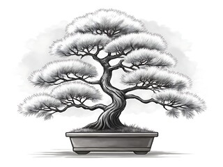 Artistic black and white illustration of a mature pine bonsai tree in a pot