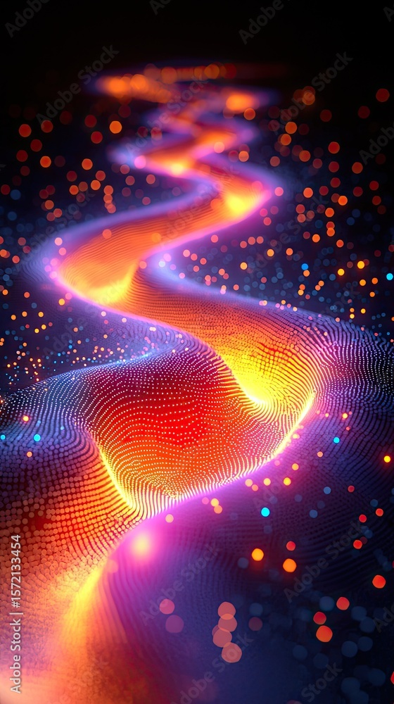 Poster abstract particle flow: glowing orange and purple mesh network