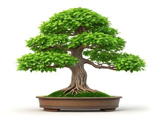 A meticulously shaped green bonsai tree with exposed roots in a decorative pot