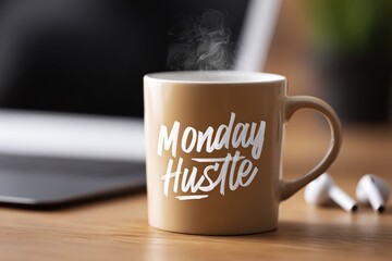 Steaming coffee mug with monday hustle design on a wooden table.