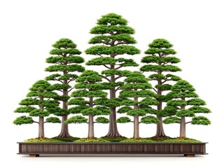 A beautiful arrangement of miniature trees in a wooden planter on a white background