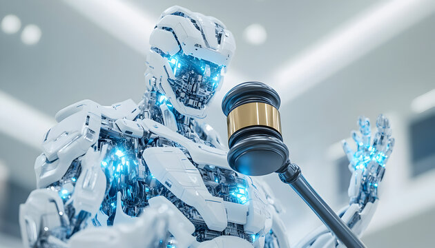 Robotic adjudicator wields a gavel gleaming