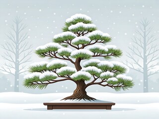 Artistic illustration of a snow covered pine bonsai tree in a winter landscape