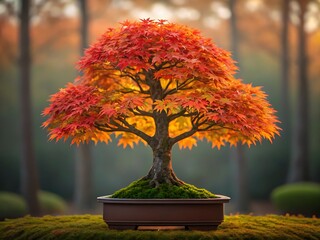 Vibrant japanese maple bonsai tree displays fiery red and orange autumn foliage