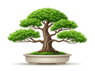 Beautifully sculpted green bonsai tree in a decorative pot on white background