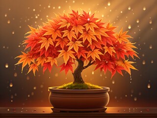Vibrant japanese maple bonsai tree with fiery red and orange autumn leaves