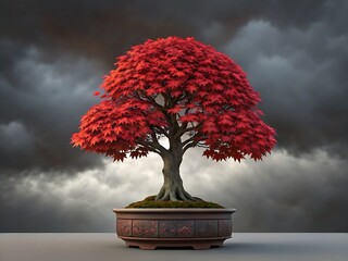 Vibrant red maple bonsai tree with intricate pot against stormy sky