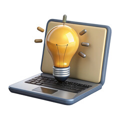 3d laptop with light bulb idea isolated on transparent background