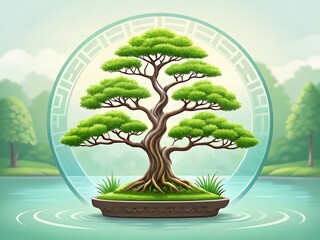 Serene bonsai tree in a circular frame over calm water