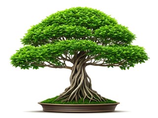 Beautifully shaped green bonsai tree with exposed roots in a brown pot