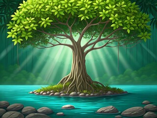 Majestic ancient tree with exposed roots on a small island in turquoise water