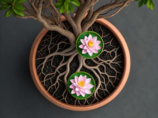 Overhead view of a bonsai tree in a pot with exposed roots and pink lotus flowers