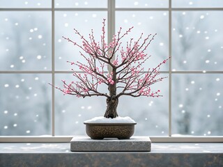 Delicate pink plum blossoms on a bonsai tree in the snow