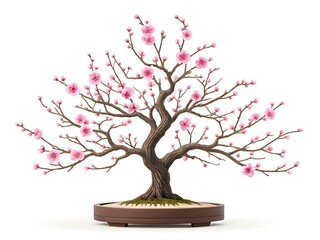 Beautifully sculpted pink cherry blossom bonsai tree in a brown pot