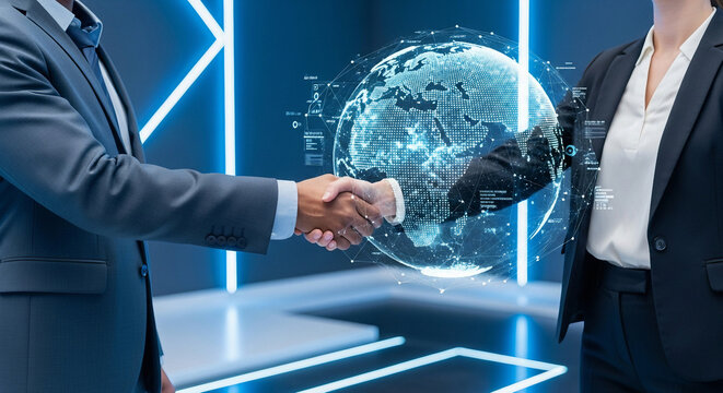 High-End Business Handshake with Holographic Earth - Powered by Adobe