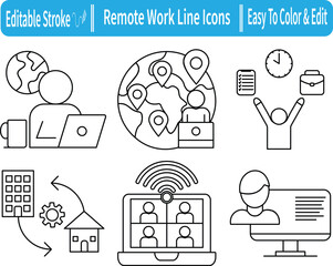 Remote work icon set with line icons showing home office, video conferencing, online meetings, virtual teams, and global digital collaboration. Editable stroke style.