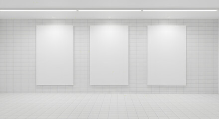 Empty White Gallery Wall with Three Large Blank Frames in Modern Exhibition Space