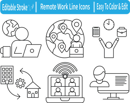 Remote work icon set with line icons showing home office, video conferencing, online meetings, virtual teams, and global digital collaboration. Editable stroke style.