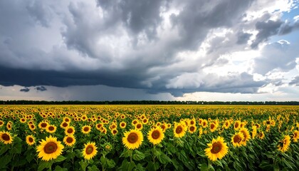 Sunflowers under a looming storm cloud