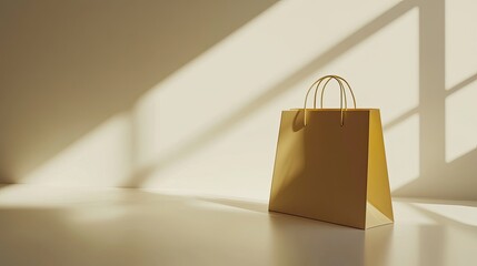 A muted gold shopping bag on a light cream background.