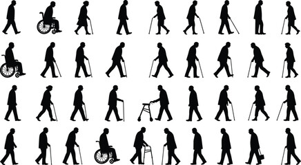 Elderly people silhouettes, senior walking with cane, wheelchair user, aging mobility support, black vector figures, healthcare, retirement concept