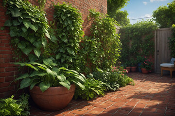 Fototapeta premium A narrow home garden space featuring climbing vines, large-leaf foliage, and colorful potted plants along a brick pathway gives a vibrant and organized feel, captured in high-resolution