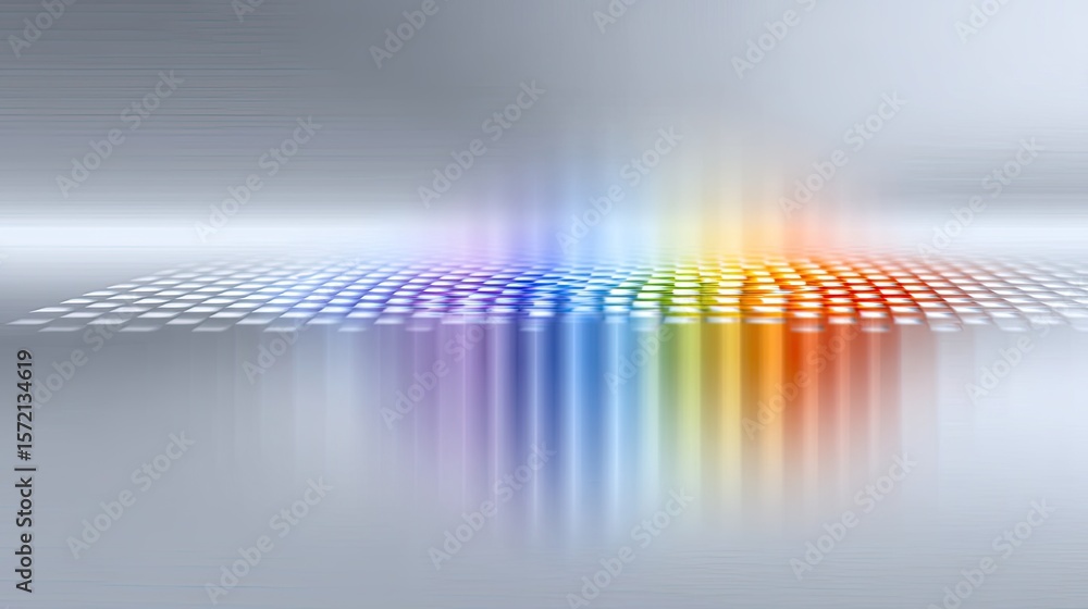 Poster abstract rainbow spectrum grid of pixels on a grey background