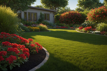 Fototapeta premium A neatly maintained backyard with symmetrical plant beds and vibrant flowering borders arranged along a grassy lawn conveys freshness and clarity, illustrated in high definition with