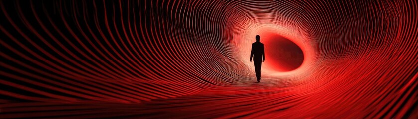 Constant stress concept. A surreal image depicting a figure walking through a vibrant tunnel.