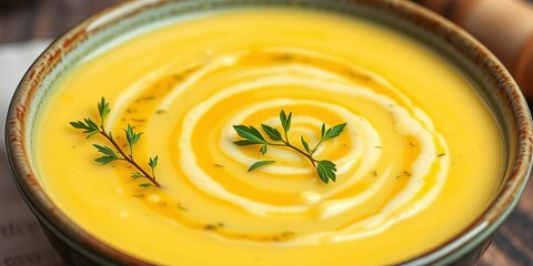 Creamy celery root soup with mustard swirl, garnished with fresh herbs,   mustard seeds,  vegetarian soup
