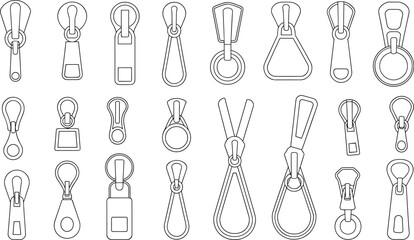Zipper puller design vector set, fashion hardware flat illustration, clothing accessory technical outline, apparel zipper head collection