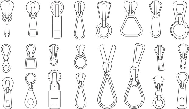Zipper puller design vector set, fashion hardware flat illustration, clothing accessory technical outline, apparel zipper head collection
