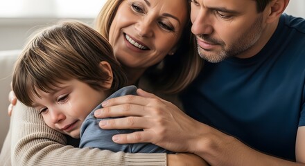 Loving family hug in morning light