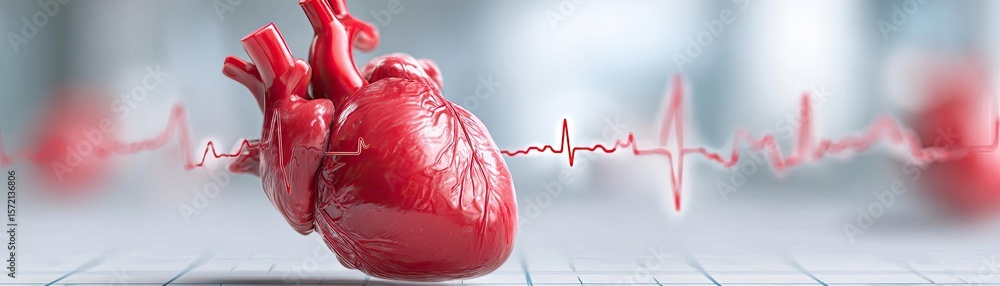 Poster cardiac output concept. anatomical model of a heart with a heartbeat graph.