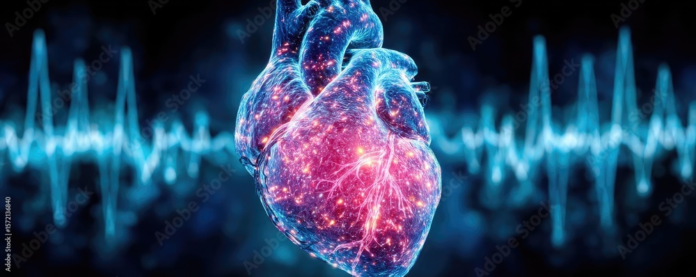 Aufkleber cardiac output concept. digital representation of a glowing heart with a heartbeat.