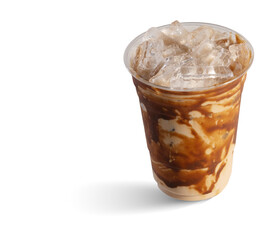 Iced caramel macchiato coffee with swirl and ice
