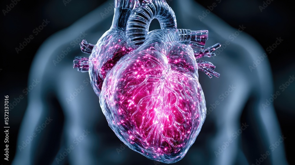 Poster cardiac output concept. digital rendering of a glowing human heart anatomy.