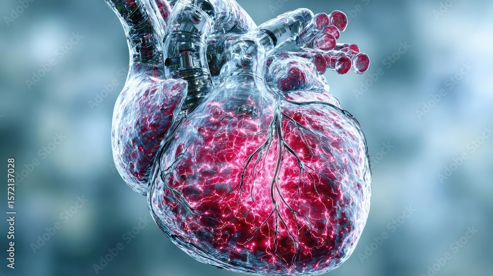 Poster cardiac output concept. a digital rendering of a human heart with glowing elements.