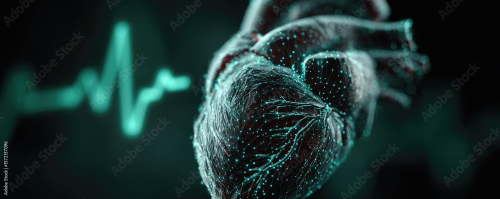 Poster cardiac output concept. 3d rendering of a human heart showcasing advanced technology.