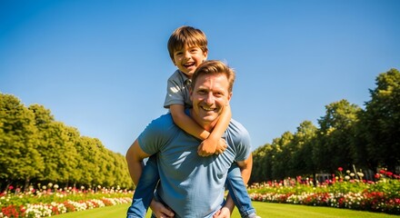 Dad carrying son on shoulders in sunny park
