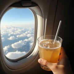 a glass of orange juice with view on the window