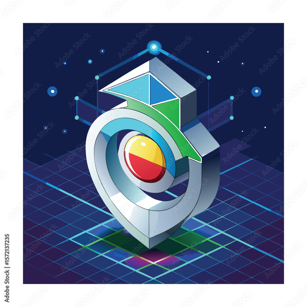 Poster abstract isometric logo design with arrows and circles on a grid background