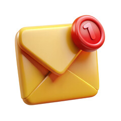 3d render of yellow email envelope with red notification badge isolated on transparent background