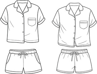 Short sleeve sleepwear shirt and shorts, fashion flat sketch, women’s loungewear design template, vector illustration for apparel industry