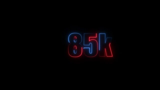 Abstract Neon Light 85K Letter Icon Animation on black background 4K Video, Thank you for 85k followers online social banner happy celebration
