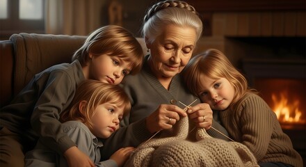 Grandmother reading by fireplace with children